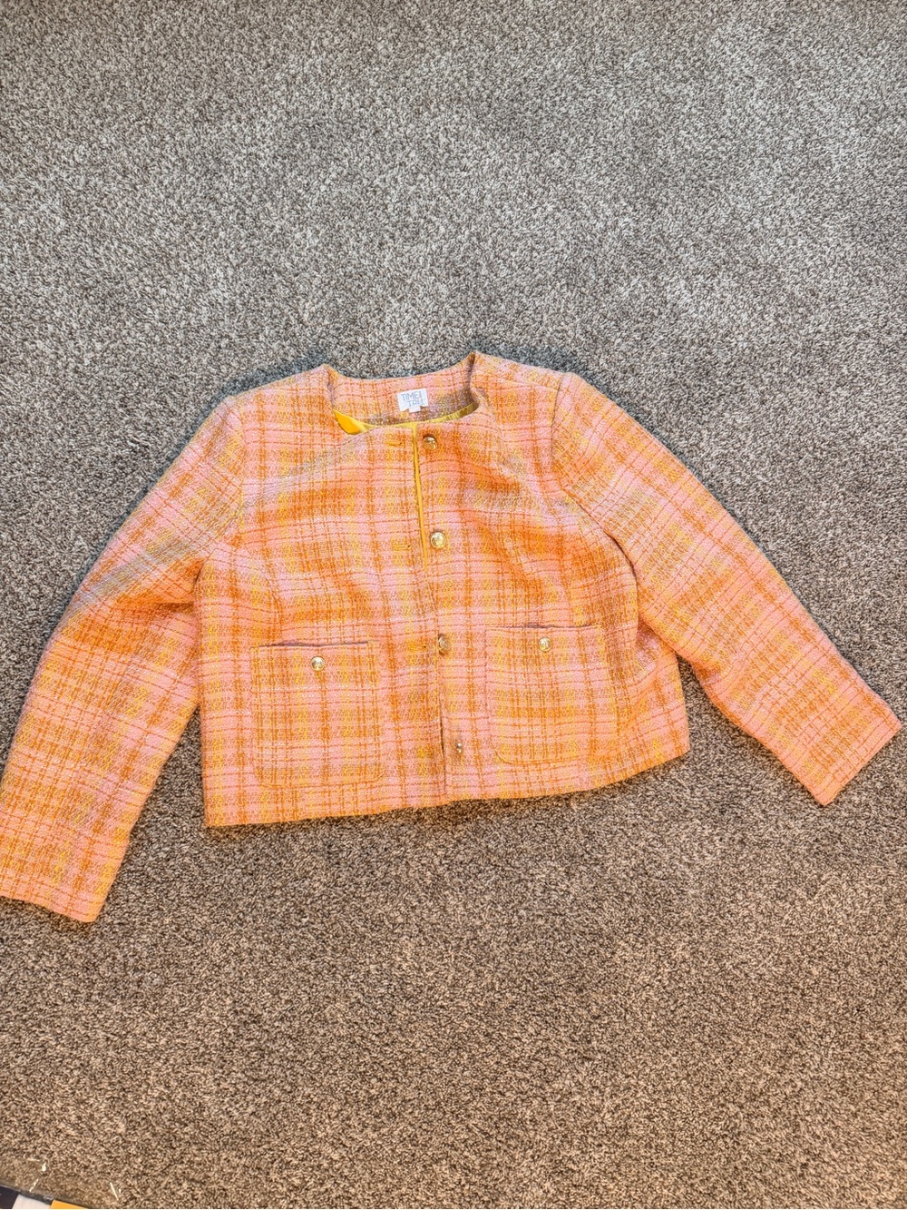 Time and Tru Peach Plaid Tweed Cropped Jacket